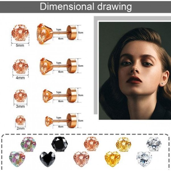 10 Pairs Stainless CZ Stud Earrings For Women Men Tragus Helix Round Heart Cubic Zirconia Flat Back Screw Back 20G Ear Piercing Set 2MM-5MM